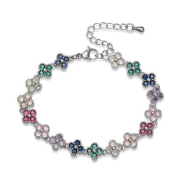 HECHENG, Bijoux Colorful Flower CZ Stone Brass Metal Bracelet/Necklace,Lobster Clasp, Adjustable, Minimalist Romantic Jewelry