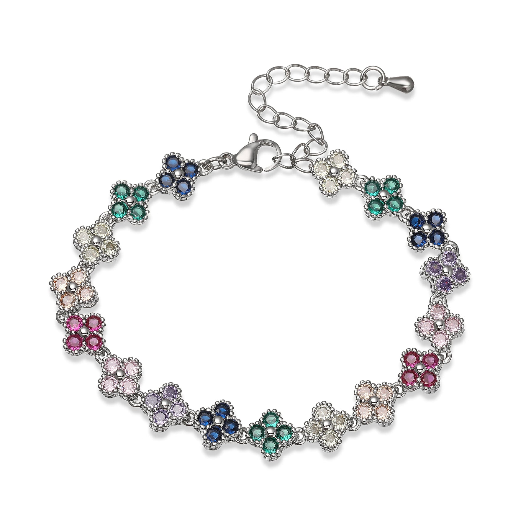 HECHENG, Bijoux Colorful Flower CZ Stone Brass Metal Bracelet/Necklace,Lobster Clasp, Adjustable, Minimalist Romantic Jewelry