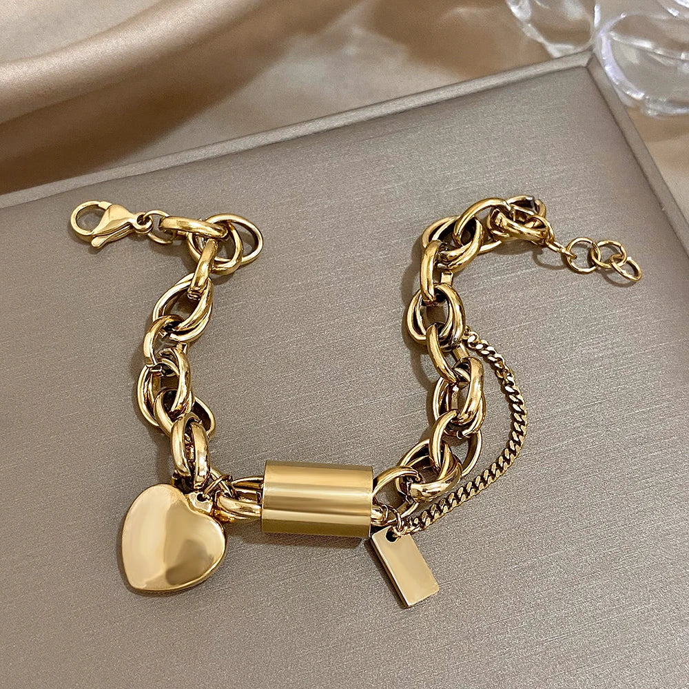 Heart Lock Stainless Steel Charm Bracelet Chunky Gold Plated Chain Love Bracelets for Women Valentine Gift