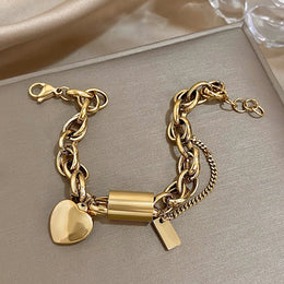 Heart Lock Stainless Steel Charm Bracelet Chunky Gold Plated Chain Love Bracelets for Women Valentine Gift
