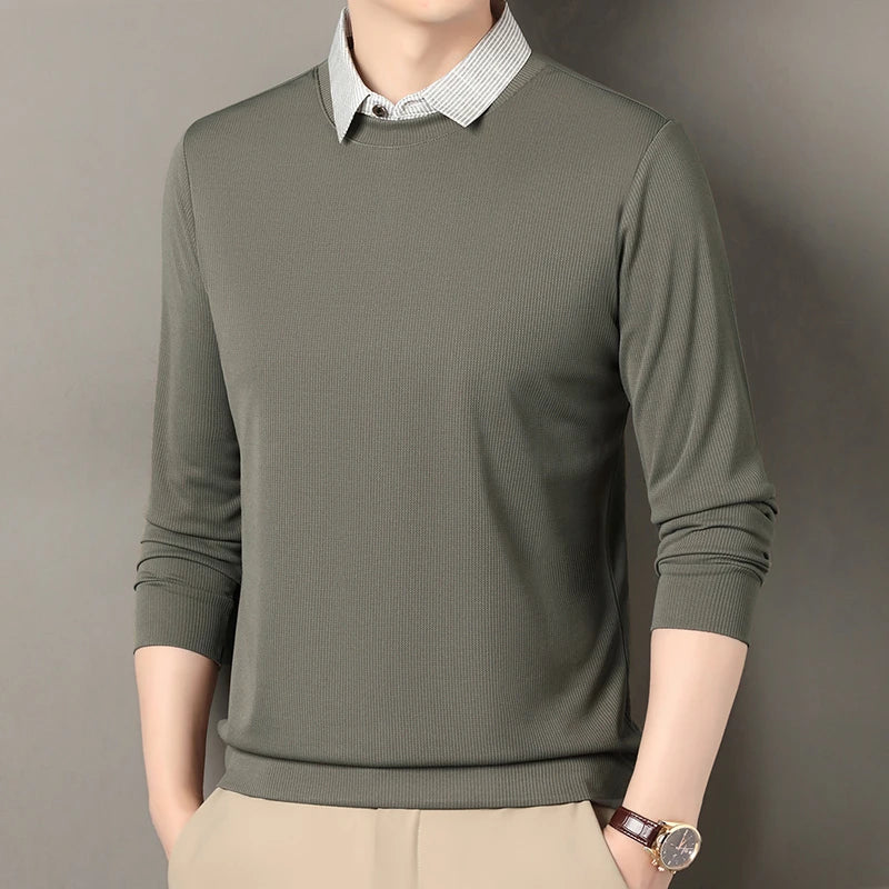 2026 New Men's Fake Two Piece Polo Shirt Casual Fashion Long Sleeve Collar T-shirt Versatile Top