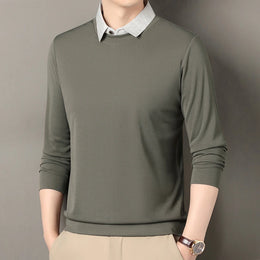 2026 New Men's Fake Two Piece Polo Shirt Casual Fashion Long Sleeve Collar T-shirt Versatile Top