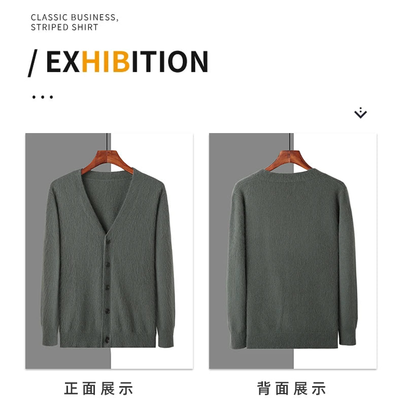 2025 Autumn Winter New Cardigan Men's V-Neck Top 100% Mink Cashmere Knitted Sweater Casual Loose Large Long Sleeved Shirt Jacket