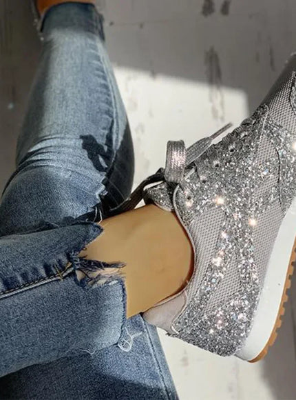 Women Flat Glitter Sneakers Casual Bling Vulcanized Shoes Female Mesh Lace Up Platform Comfort Plus Size Fashion Ladies Autumn99