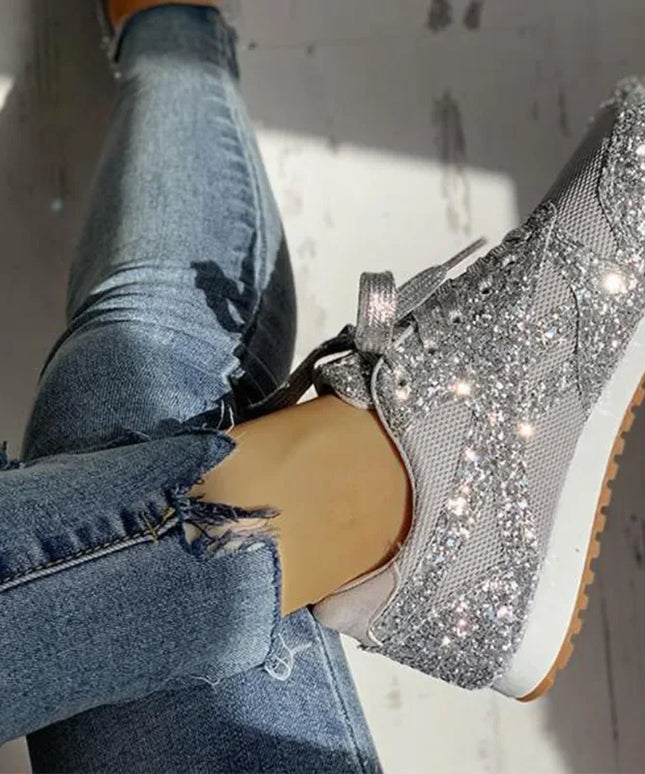 Women Flat Glitter Sneakers Casual Bling Vulcanized Shoes Female Mesh Lace Up Platform Comfort Plus Size Fashion Ladies Autumn99