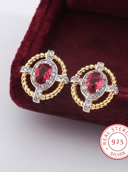 KissIcon 925 Silver Oval Red Zircon Earrings - Lightweight