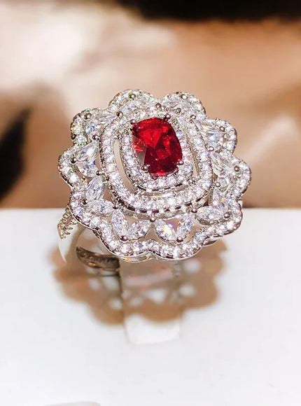 KissIcon Luxury Dark Red CZ Ring For Brides - Floral Design