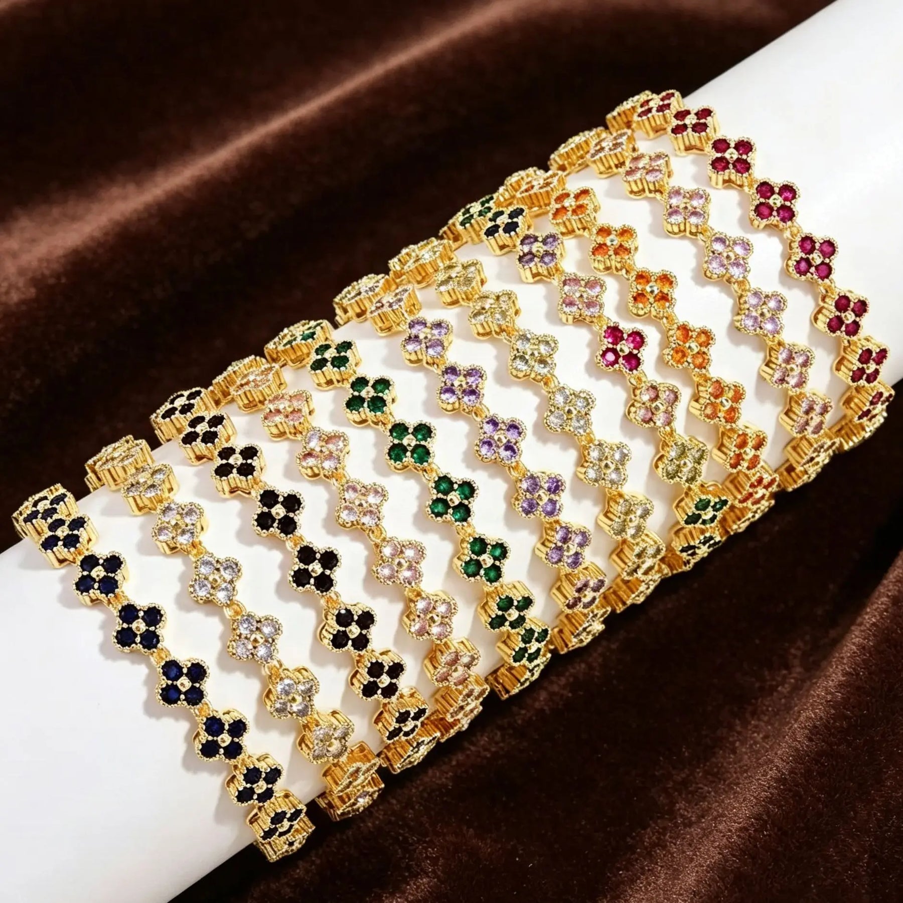 Colorful Zircon Lucky Four-Leaf Flower Bracelet for Women Flower CZ Stone Gold Plated Tennis Bracelet Fragrance Jewelry