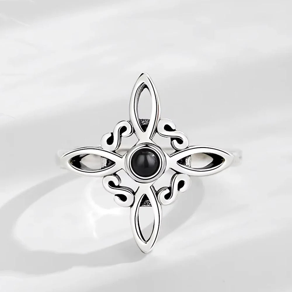 925 Silver Plating Witches Knot Rings for Women Obsidian Celtic Trinity Knot Ring Pagan Wicca Cross Jewelry New Year Gift