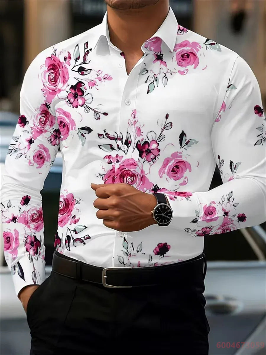 KissICON QAZ-0214 / 6XL 2026 Mens Red Rose Print LongSleeve Casual Shirt