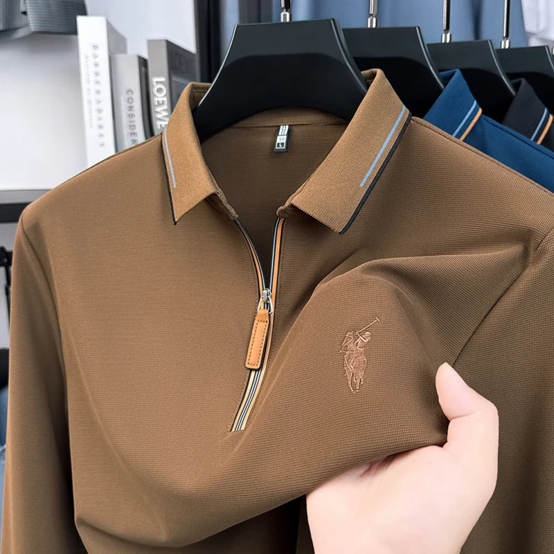 Men's Cotton Long Sleeved T-shirt with Collar Polo Shirt High-end Embroidered Top Autumn Loose Base Shirt