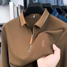 Men's Cotton Long Sleeved T-shirt with Collar Polo Shirt High-end Embroidered Top Autumn Loose Base Shirt