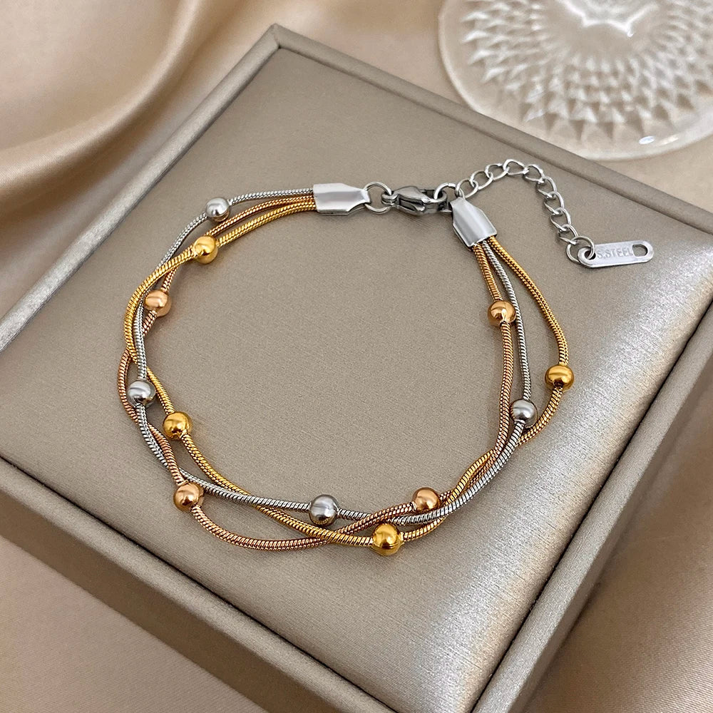 Stylish Gold Silver Color Stainless Steel Adjustable Bracelet for Women Elegant Multilayer Wrap Beaded Bracelets Party Jewelry