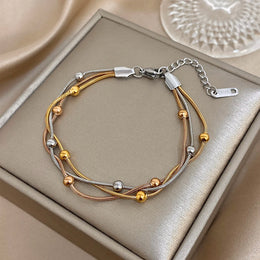 Stylish Gold Silver Color Stainless Steel Adjustable Bracelet for Women Elegant Multilayer Wrap Beaded Bracelets Party Jewelry