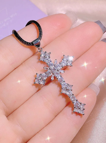 KissIcon Cubic Zirconia Cross Necklace - 925 Silver Plated