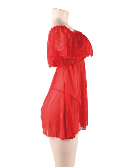 Plus Size Women Bklack Red Transparent Mesh Babydoll Chemise Sleepwearnight gown Valentine Birthday Gift from M-5XL