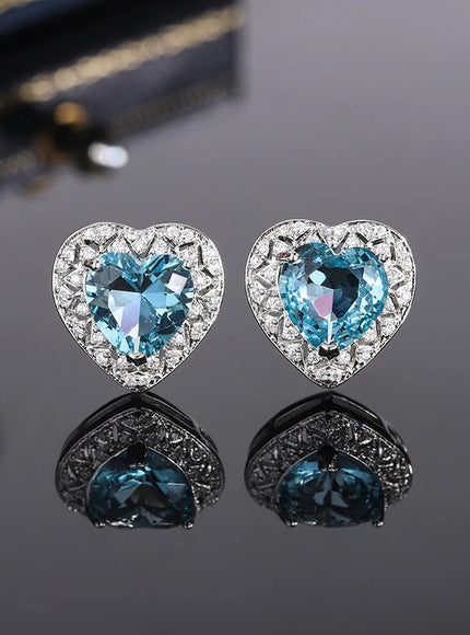 KissIcon 925 Silver Plated Heart Earrings - Blue Zircon