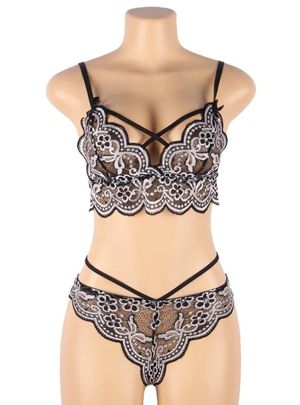 plus size sexy lingerie lace cross band embroidery decoration sexy bra panties lingerie set wholesale from M-5XL