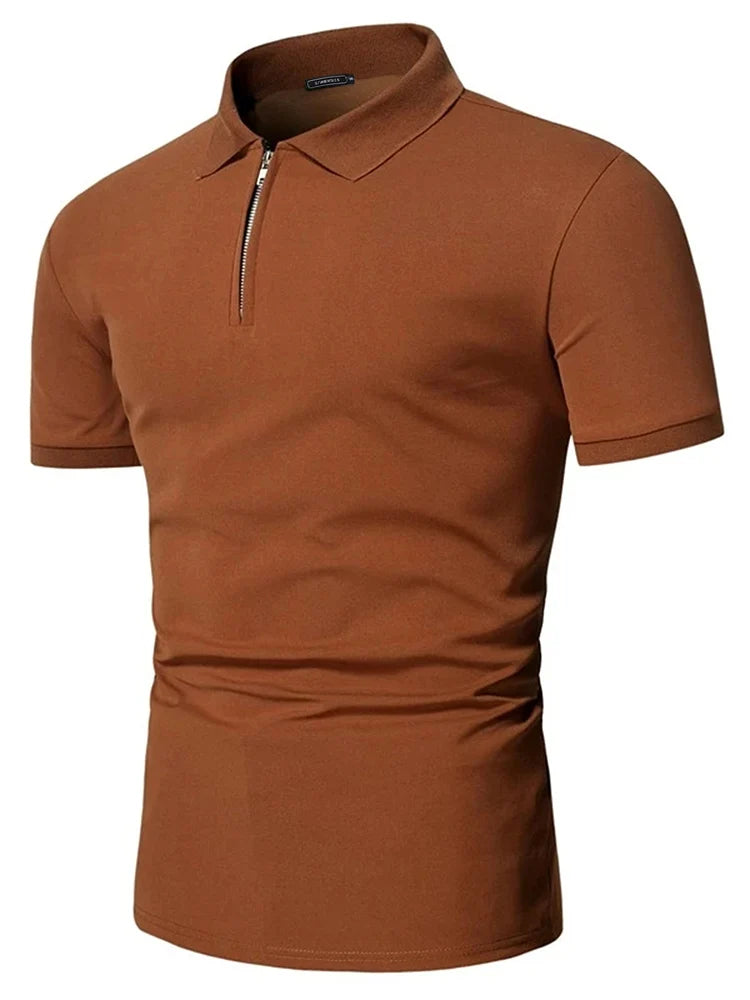 Men's polo shirt solid color short-sleeved zipper lapel T-shirt casual top