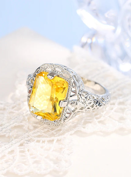Ladies 925 Silver Plated High-grade Moissanite Citrine Hollow Wedding Engagement Ring High-end Jewelry Luxury Ladies Ring