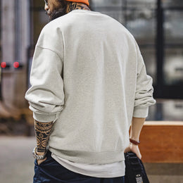Maden Men's Vintage Print Sweatshirt Light Grey Loose Fit Knit Pullover Long Sleeve Round Neck Casual Top for Spring and Autumn