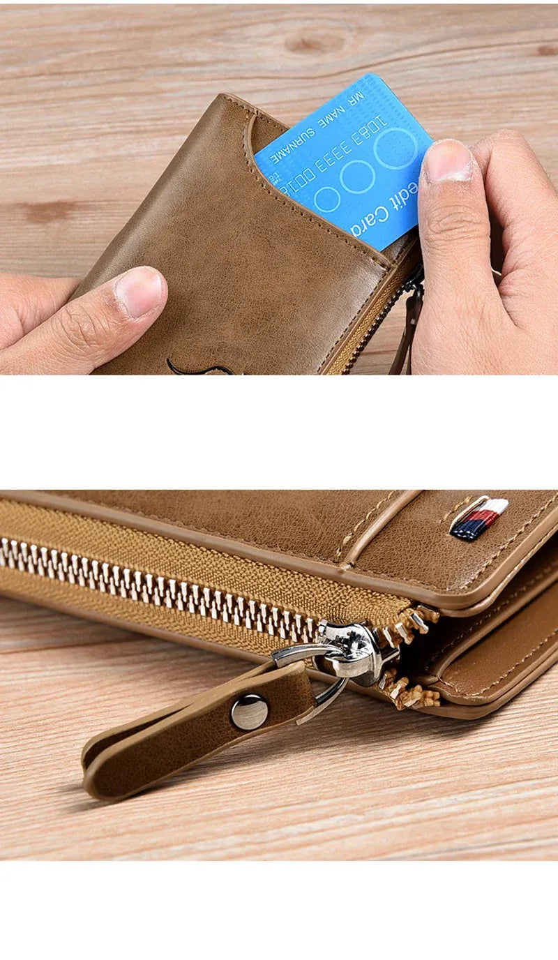 Mens RFID Protected Leather Wallet - Luxury Zippered Card Holder Purse for Business Cards with Elegant Carteira Masculina Style