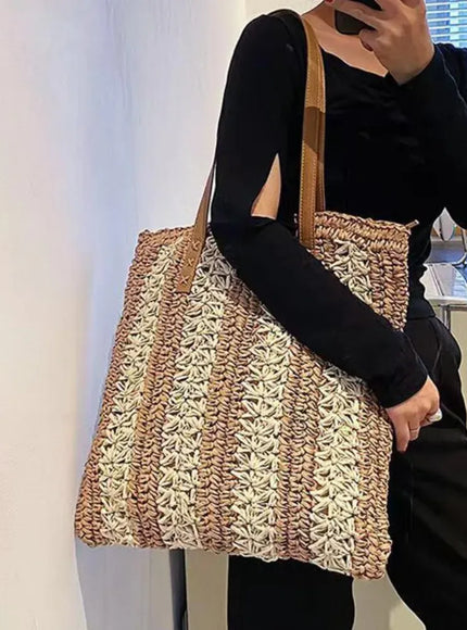 Shoulder Woven Stripesd Straw Fashionable Handbag –