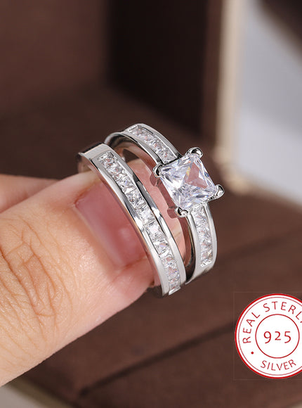 925 Sterling Silver Double Row Zircon Micro Inlaid Style Wedding Diamond Ring Set Ring Zircon For Couple Ring
