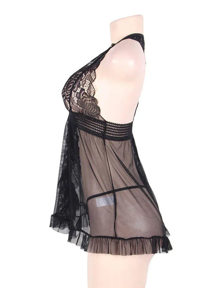 Plus size half tansparent mesh satin women sexy lingerie set nightgown and sleepshirts babydoll chemise with G-String from M-5XL