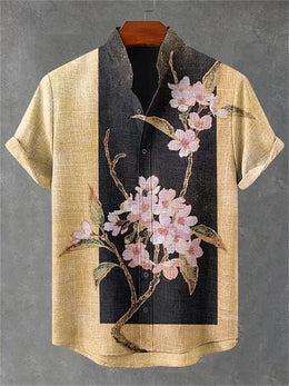 Men's short-sleeved shirt, samurai ink painting print, loose and breathable casual top, trendy retro design Hawaiian shirt.