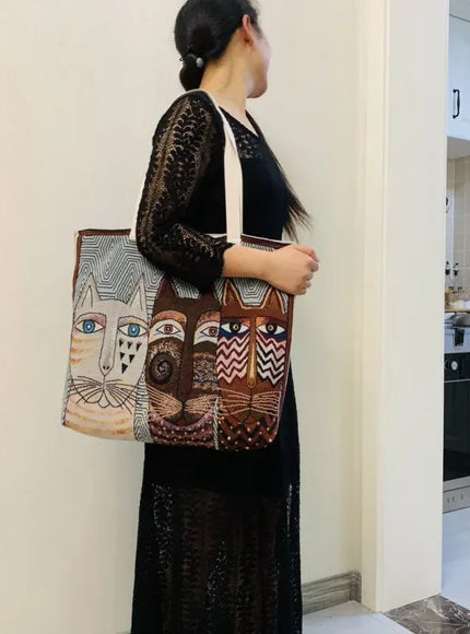Cute Cat Pattern Wide Horizontal Canvas Tote