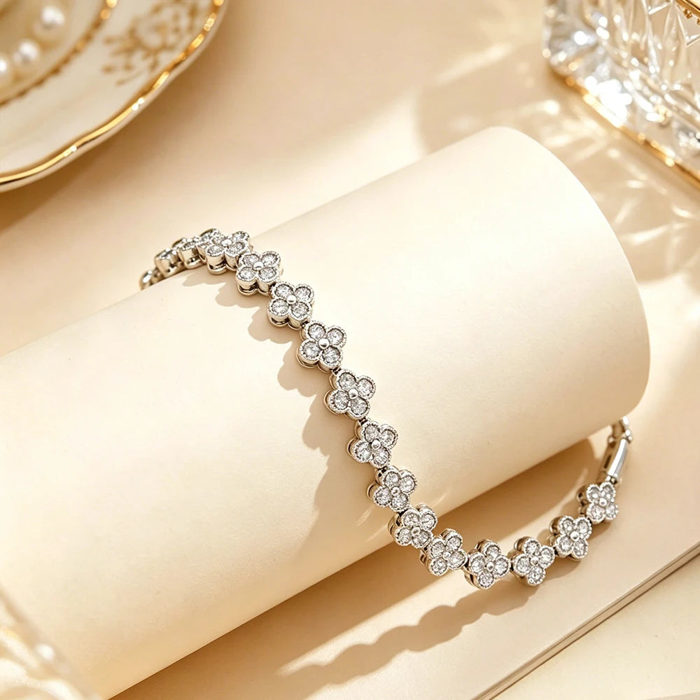 Colorful Zircon Lucky Four-Leaf Flower Bracelet for Women Flower CZ Stone Gold Plated Tennis Bracelet Fragrance Jewelry