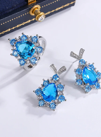 KissIcon Silver Plated Zircon Jewelry Set Sapphire Earrings