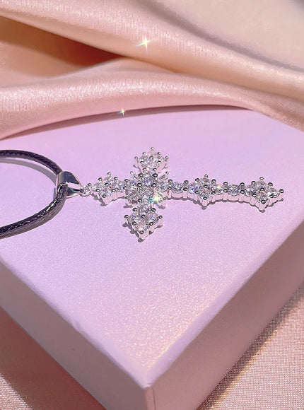 KissIcon Cubic Zirconia Cross Necklace - 925 Silver Plated