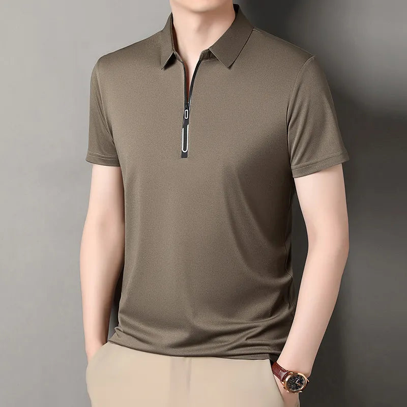 New Men's Business Casual Zipper Short Sleeve Solid Color Polo Shirt Fashionable Warm Comfortable Four Seasons Versatile Top