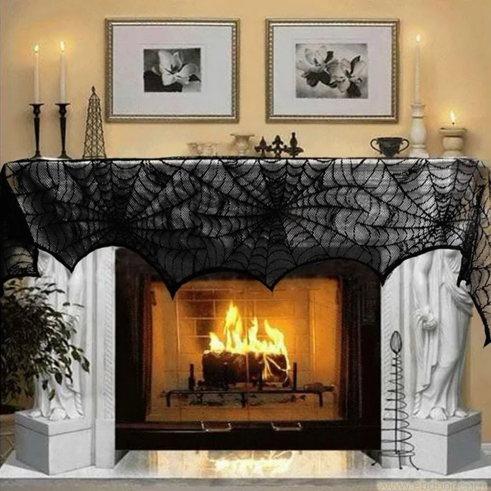 Halloween Table Runner Tablecloth Spider Web Halloween Black Fireplace Mantel Cover for Home Party Halloween Decoration