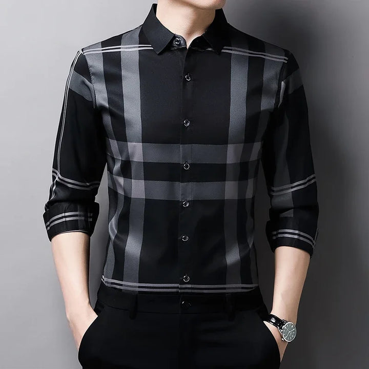 New Men's Casual Printed Long Sleeved Lapel Shirt for Spring and Autumn Fashion Comfortable Wrinkle Free Top Without Ironing