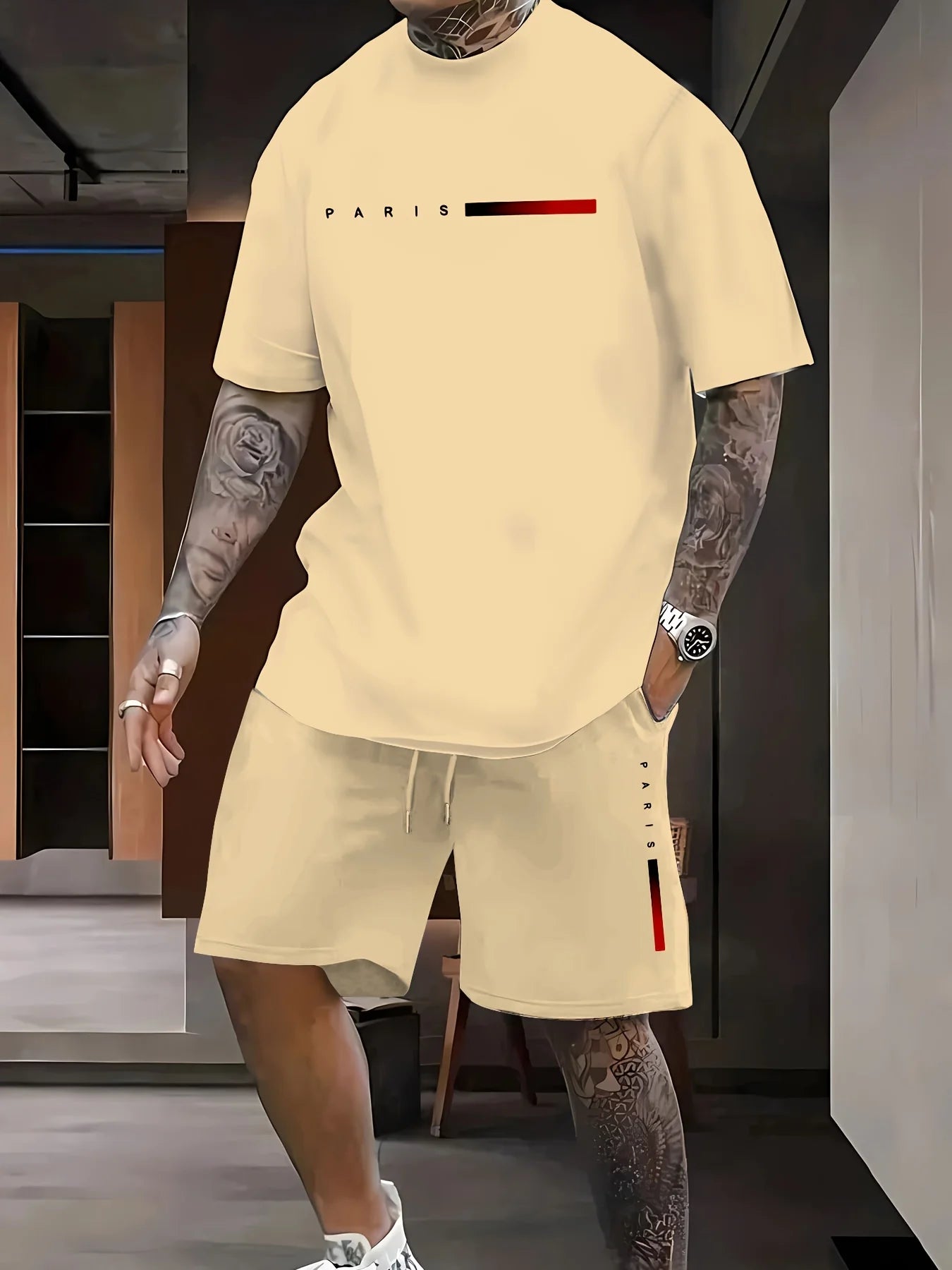 Summer Casual Men's T-Shirt and Shorts Set 2026 Sportswear Set Plus Size Short-Sleeve T-Shirt Drawstring Pocket Shorts Set