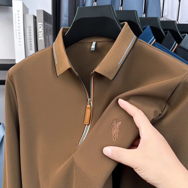 Men's Cotton Long Sleeved T-shirt with Collar Polo Shirt High-end Embroidered Top Autumn Loose Base Shirt
