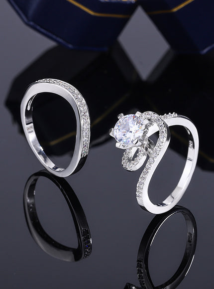 2024 Hot Sale Hot Sale 2pcs Ring Set Geometric Zircon Double Layer Women's Ring Engagement Bridal Jewelry Couple 925 Ring