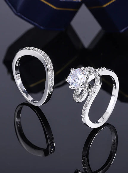 2024 Hot Sale Hot Sale 2pcs Ring Set Geometric Zircon Double Layer Women's Ring Engagement Bridal Jewelry Couple 925 Ring