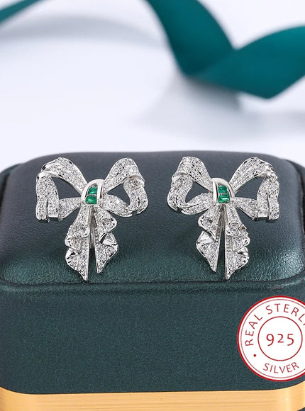 KissIcon Bow Shape Earrings - Sparkle Zircon Silver Plated