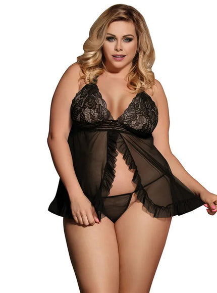 Plus size half tansparent mesh satin women sexy lingerie set nightgown and sleepshirts babydoll chemise with G-String from M-5XL