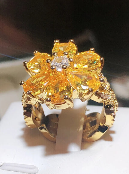 💋 New Women's Ring Yellow Zircon Flower - Silver Plated