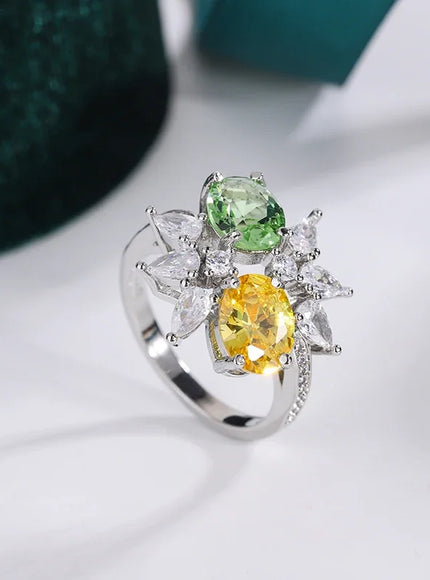 925 Silver Plated Non-tarnish High Quality  Green Yellow Zirconia Ladies Ring Luxury Party Jewellery Wedding Birthday Gift
