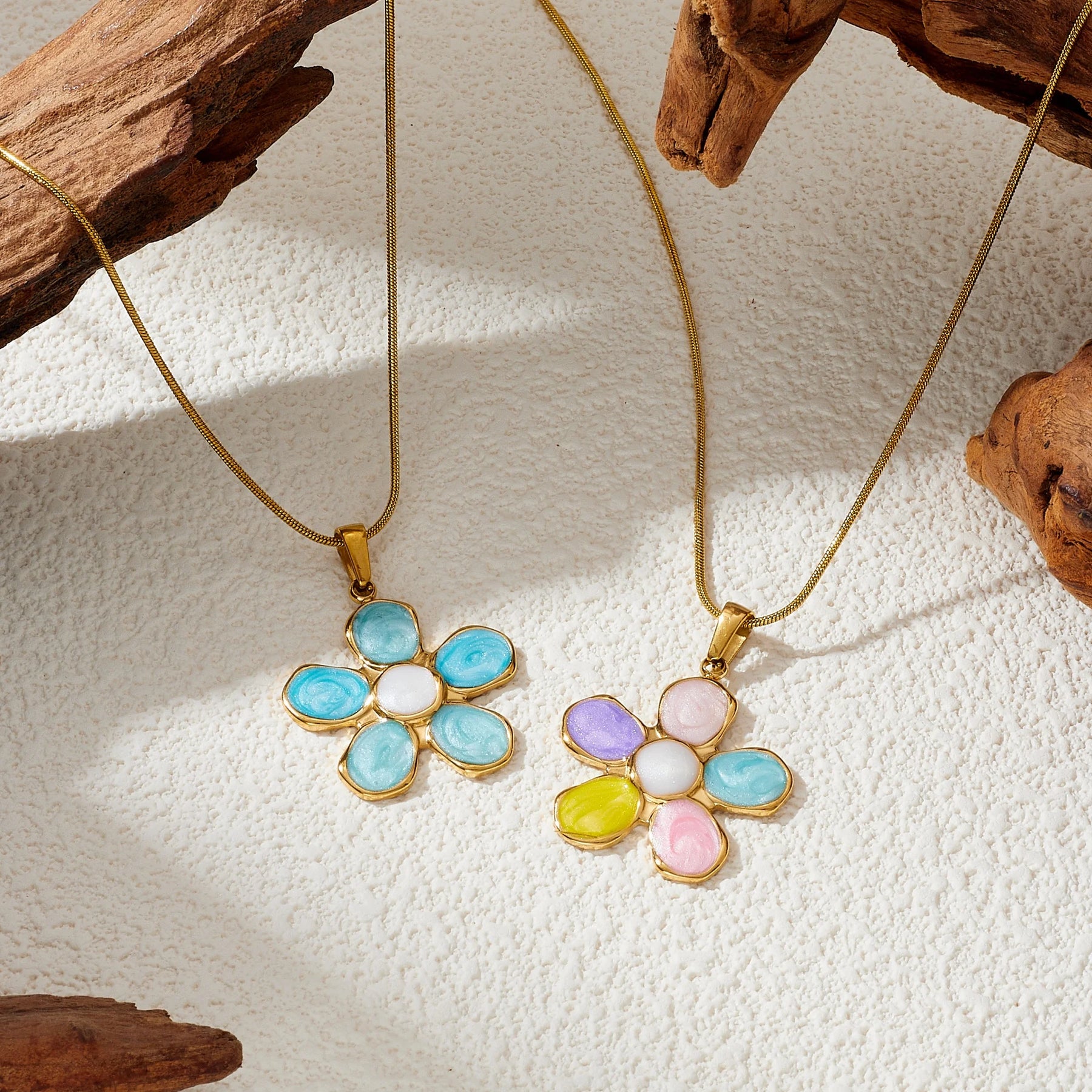 DIEYURO Multicolor Pastel Enamel Heart Cross Sun Floral Pendant Necklace Collection Lady Stainless Steel Waterproof Jewelry Gift
