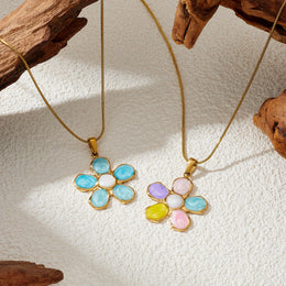 DIEYURO Multicolor Pastel Enamel Heart Cross Sun Floral Pendant Necklace Collection Lady Stainless Steel Waterproof Jewelry Gift