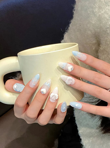 Handmade Press on Nails Light Blue Cute Bear