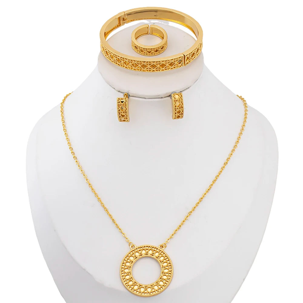 Circular Hollow Bracelet Necklace Ring Earring 4pcs Set 18k Gold-Plated Copper Jewelry Accessories Geometric Pattern Gifts