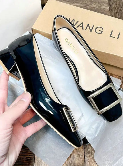 Flats Women's Shoes Patent Leather Square Buckle Shoes